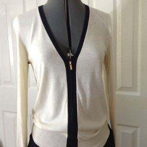 Ann Taylor Cream and Black Trim Zip Front  Sweater